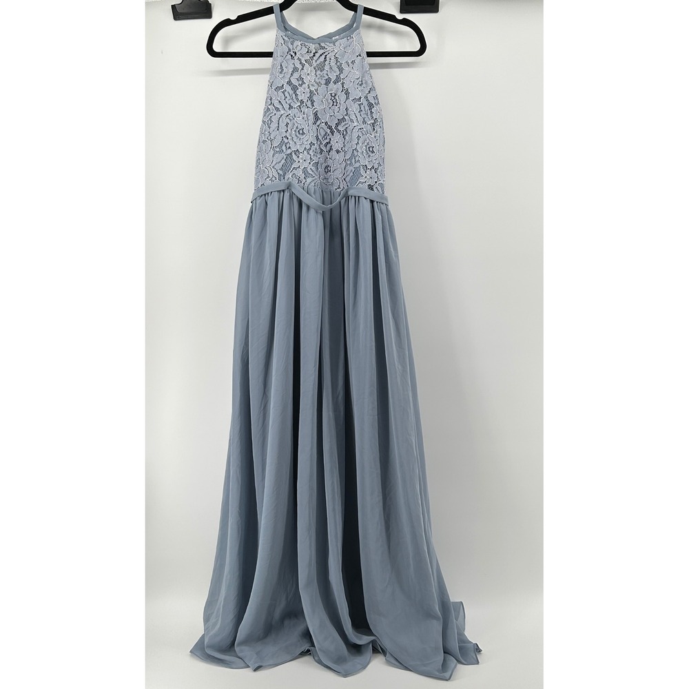 JJ's House Steel Blue Lace Halter Maxi Dress Wedding Occasion Junior 14 NWT